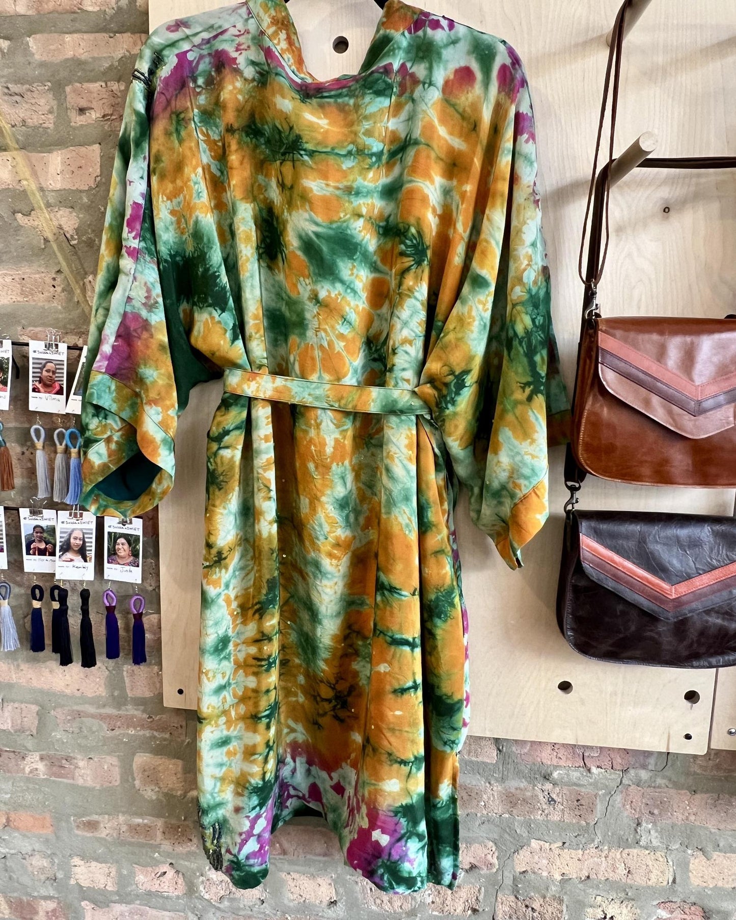 Indie Ella Double Flannery Lined Crepe Silk Kimono in Pink & Green Tie Dye