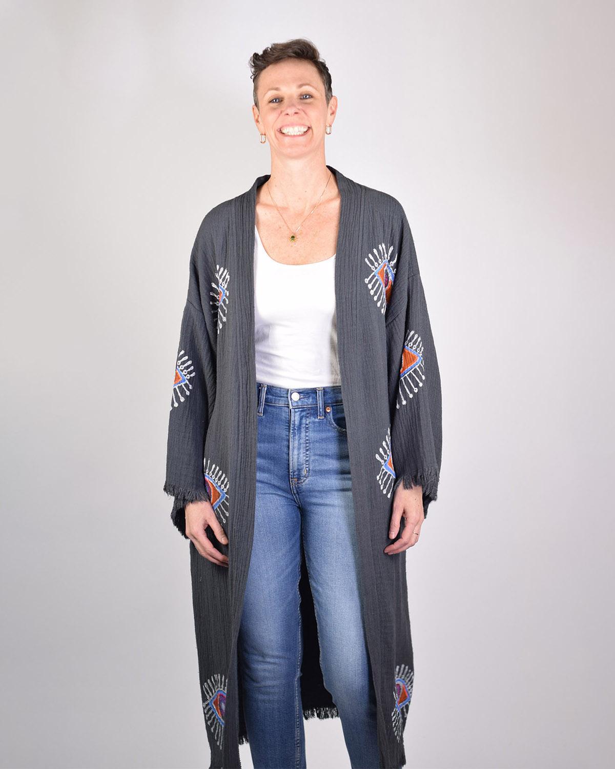 Txtile Luxury Turkish Cotton Evil Eye Kimono/Robe - Moonstone (Charcoal Gray)