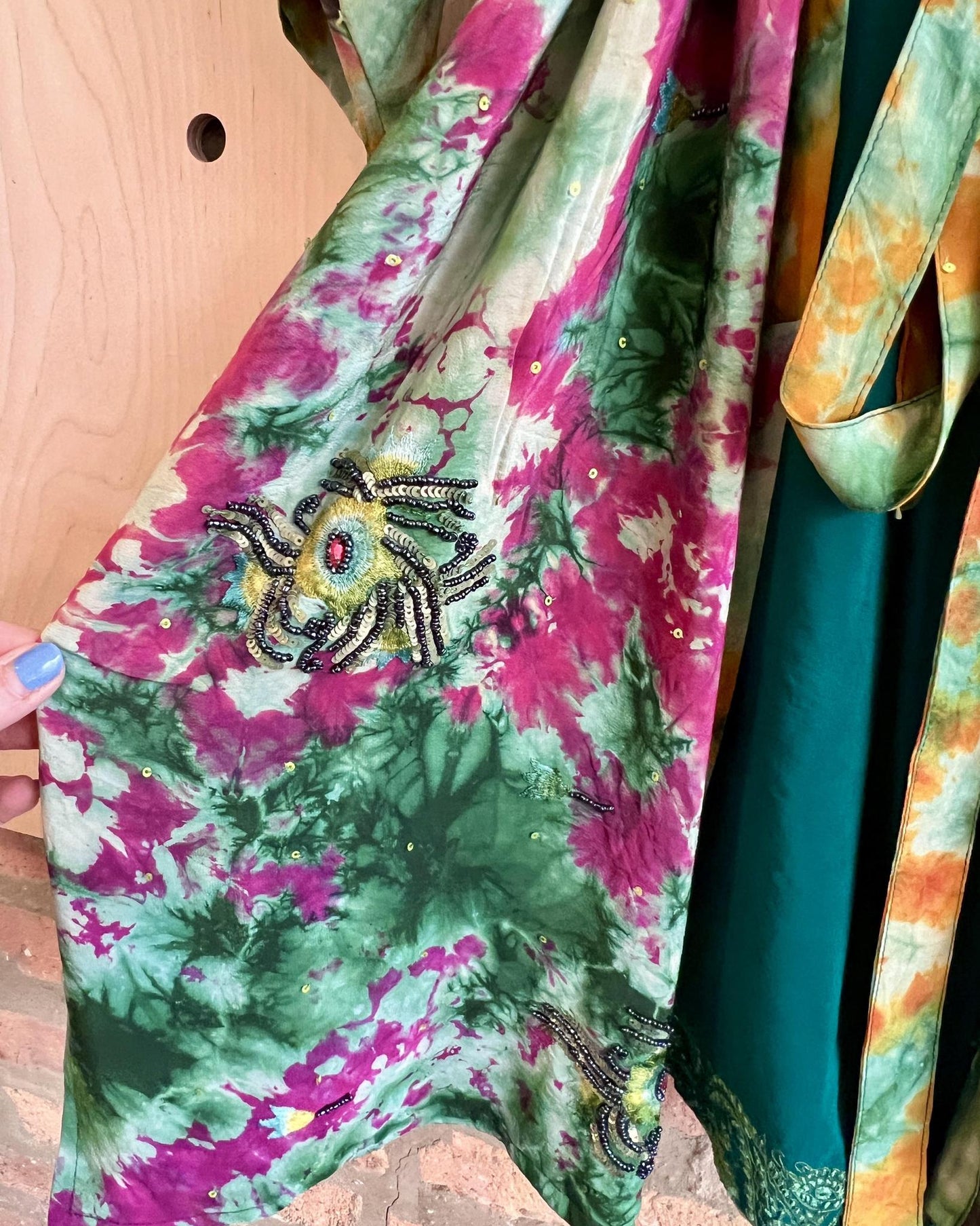 Indie Ella Double Flannery Lined Crepe Silk Kimono in Pink & Green Tie Dye