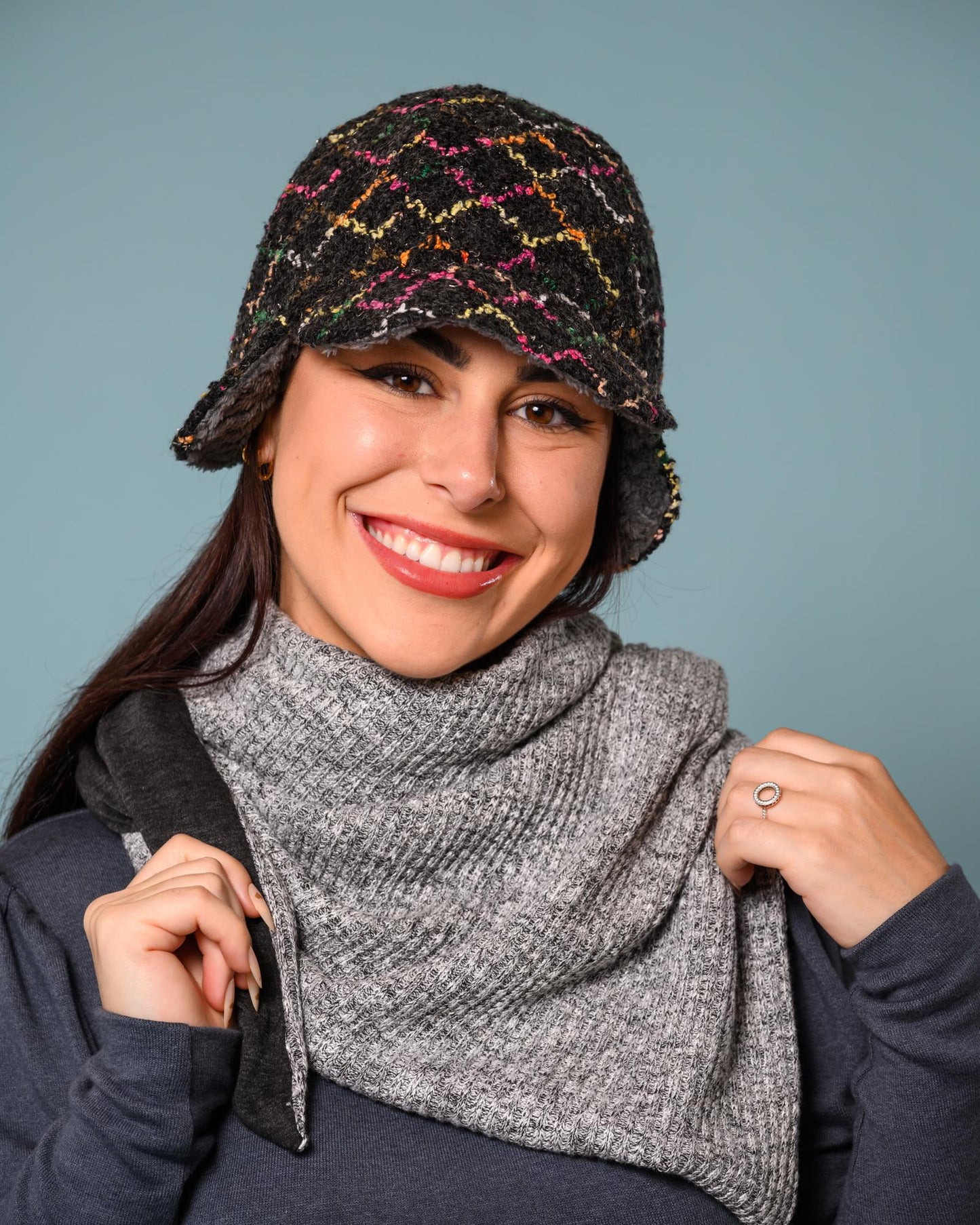 Squasht Darby Earflap Hat in Black Boucle with Squiggly Pattern