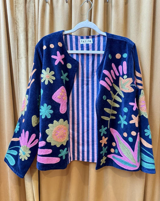 Txtile Navy Velvet Jacket with Embroidered Teapot Design