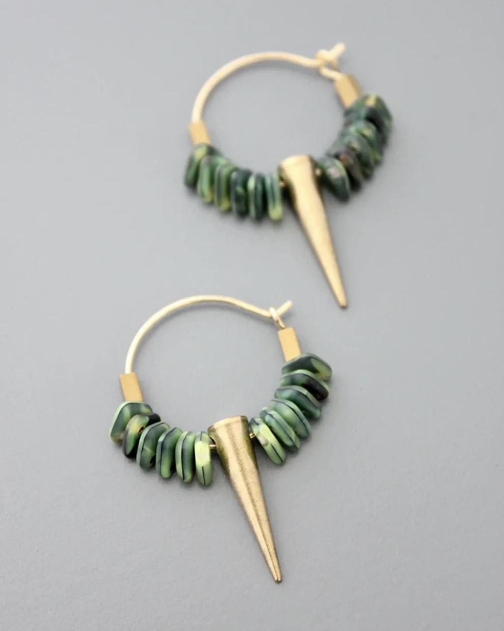 David Aubrey Green Glass and Spike Hoop Earrings