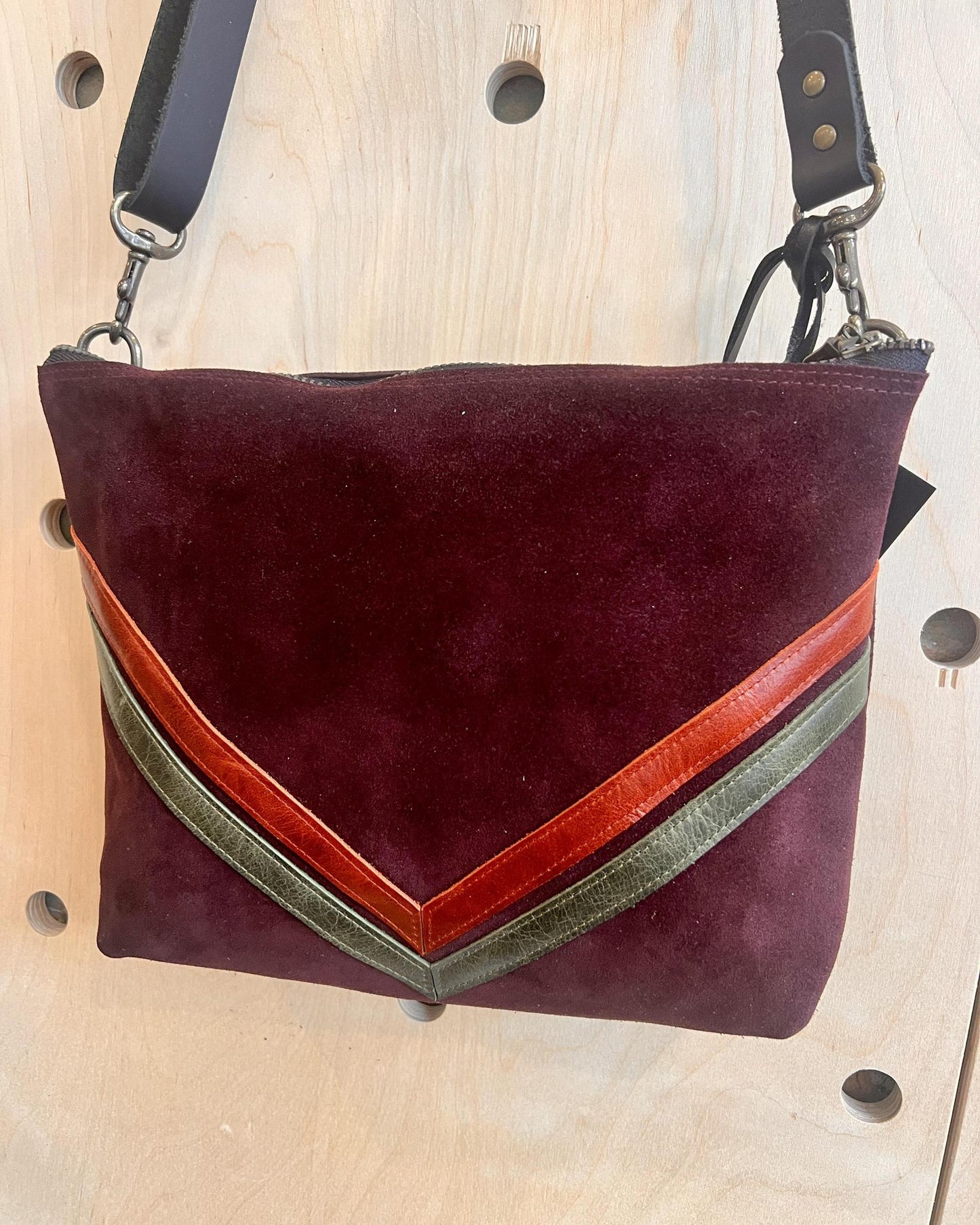 Vallente Leather Chevron Handbag - Plum Suede with Rust and Olive Chevron Details