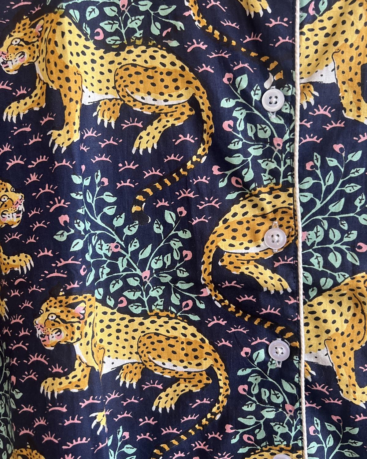 Txtile Button Up Shirt - Pajama Style - Fierce Leopard Print on Navy Background - SALE