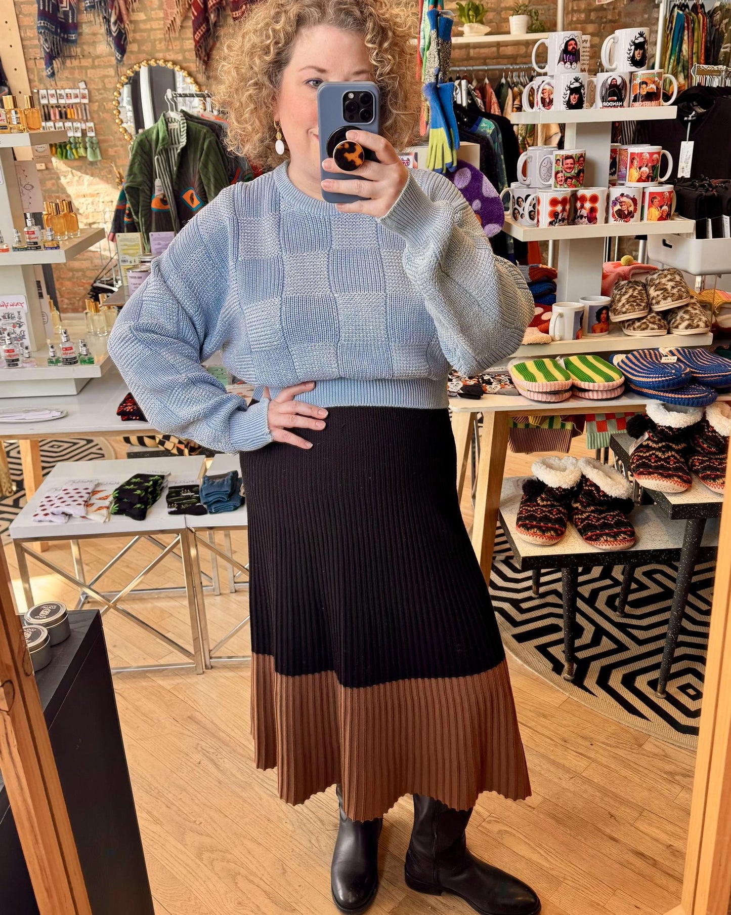 American Recycled Clothing - Crop Knit Sweater - Powder Blue Subtle Squares