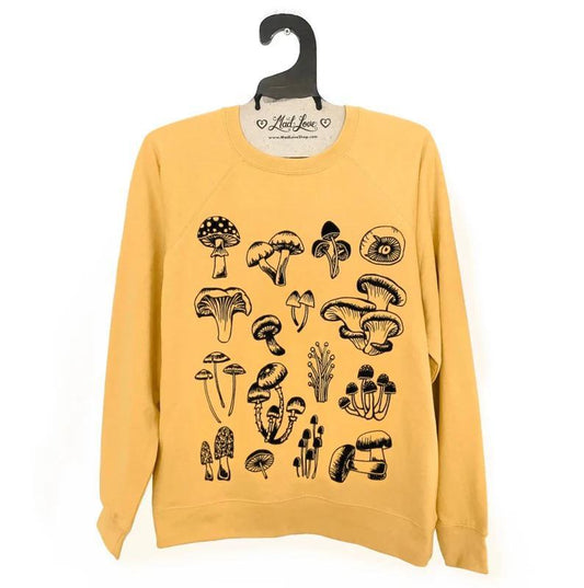 Mad Love Unisex Light Mustard Gold French Terry Sweatshirt with Mushrooms - Small, XL