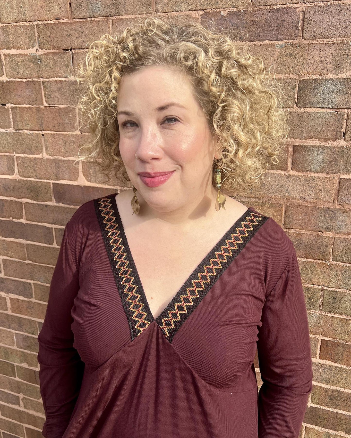 Squasht Drea Draped Dress in Cranberry with Black & Cranberry Vintage Trim