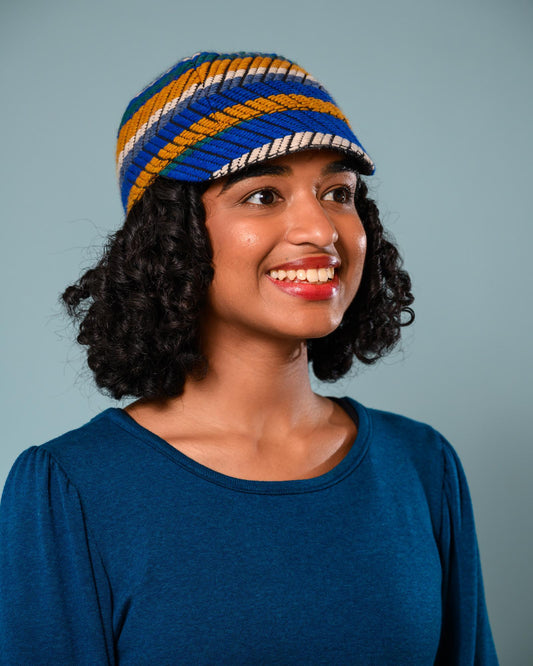 Squasht Reversible Bella Hat in Textured Blue & Gold & White Stripes