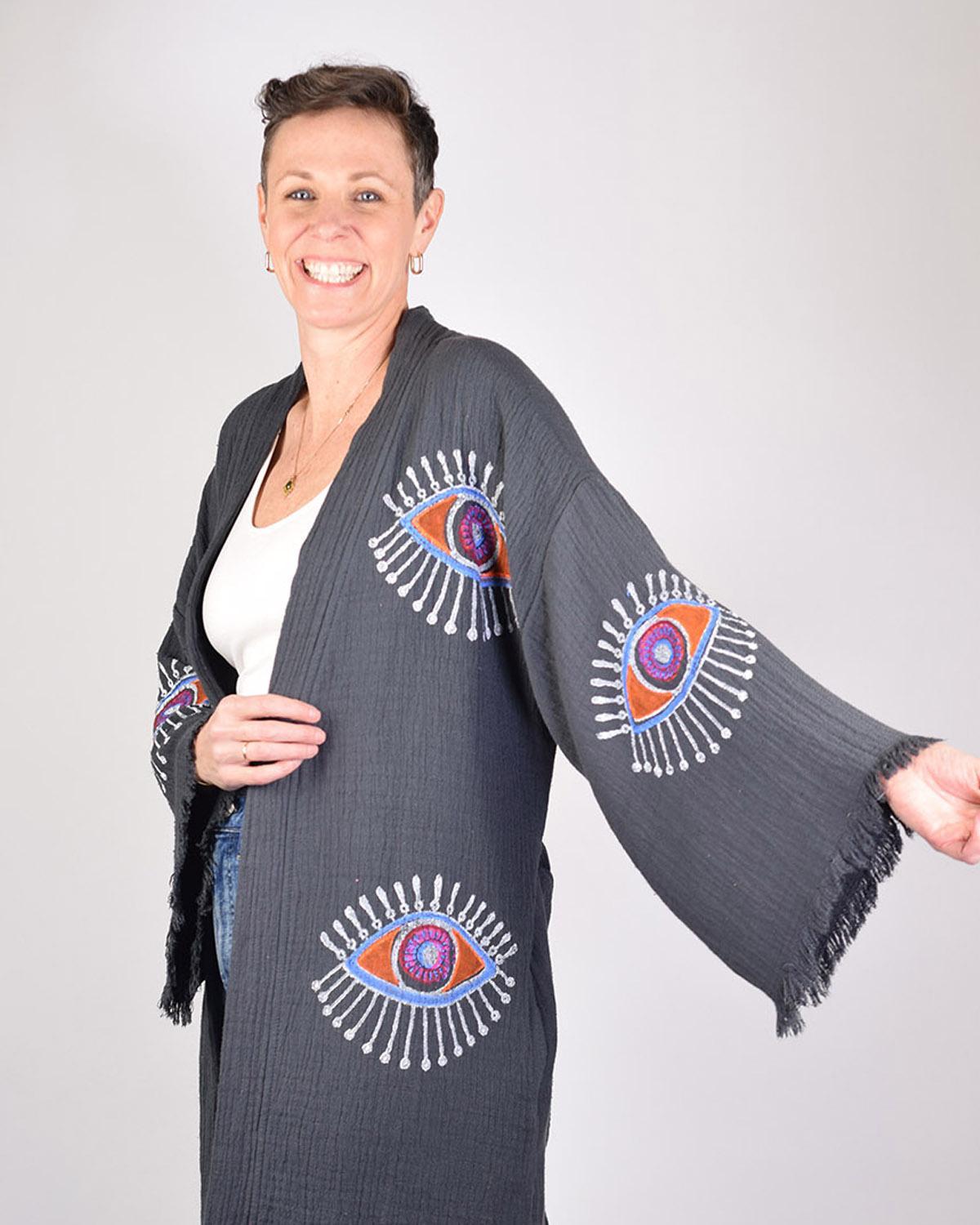 Txtile Luxury Turkish Cotton Evil Eye Kimono/Robe - Moonstone (Charcoal Gray)