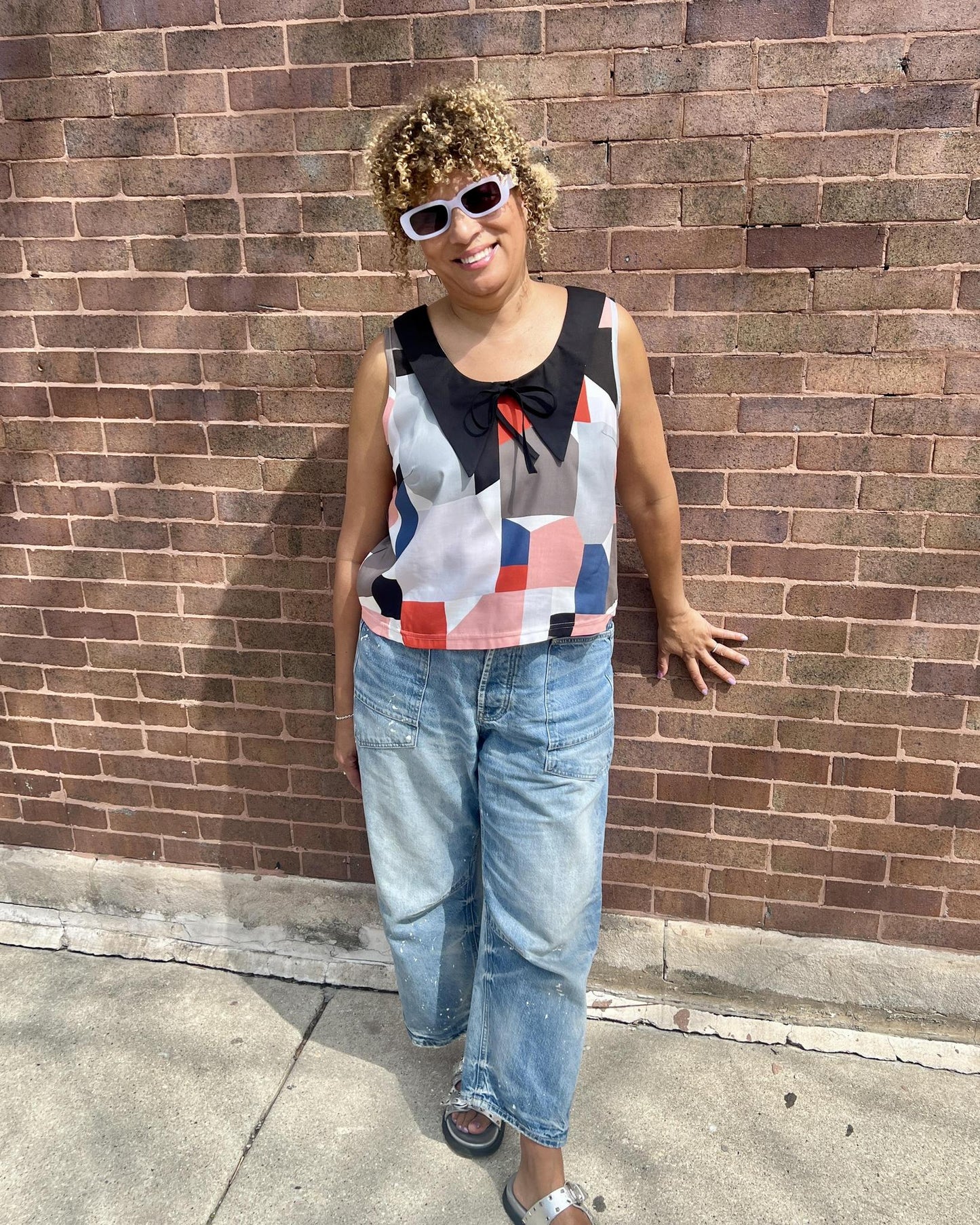 Squasht 70s Collared Tank in Abstract Art Print w/ Black Collar & Bow