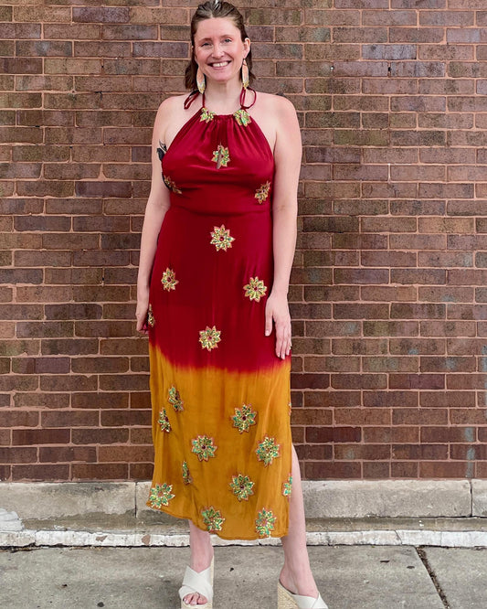 Indie Ella Eden Backless Silk Key Hole Maxi Dress in Shangri-La