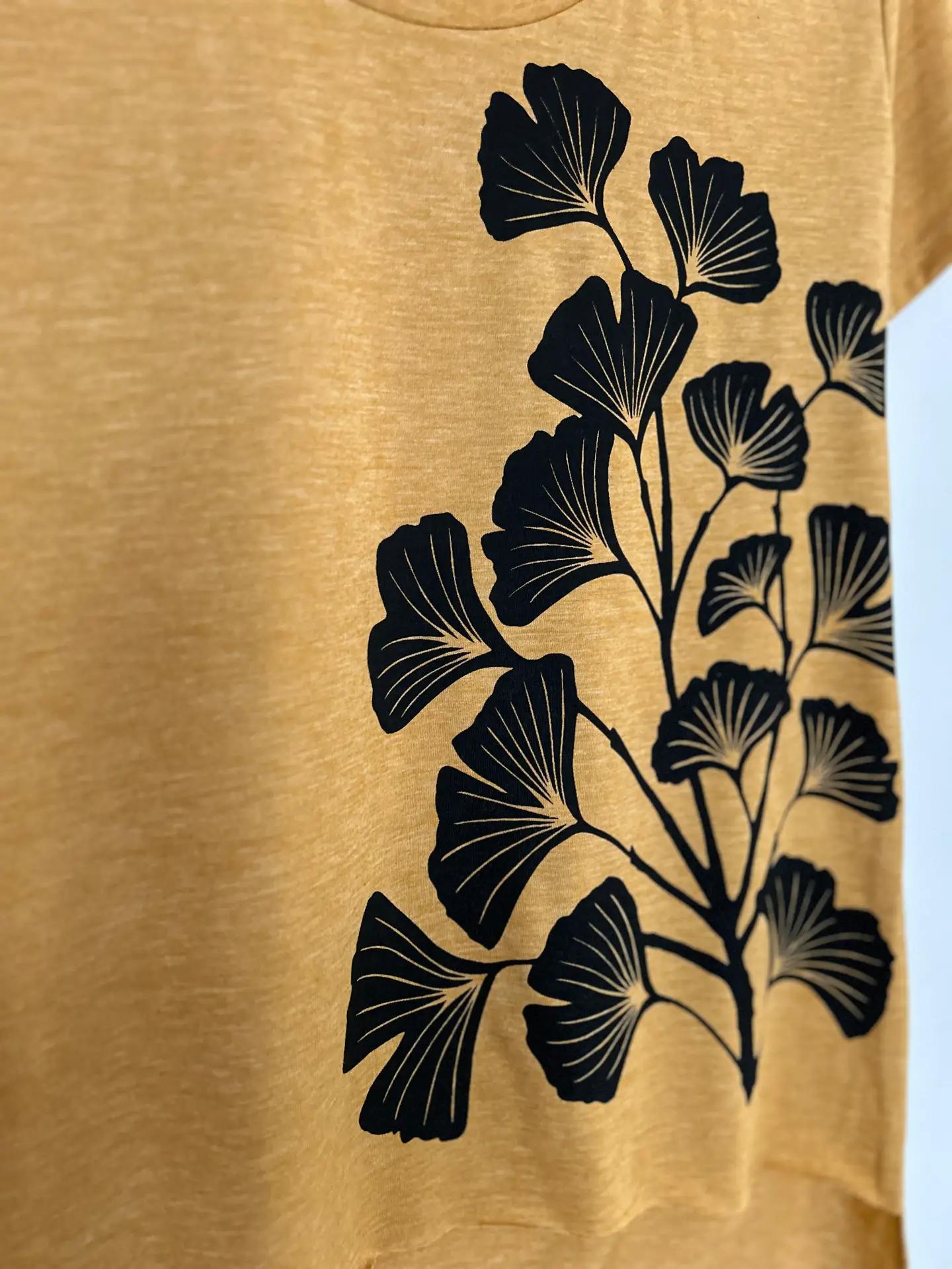 Mad Love Mustard Scoop Hi Lo Tee with Gingko Leaves