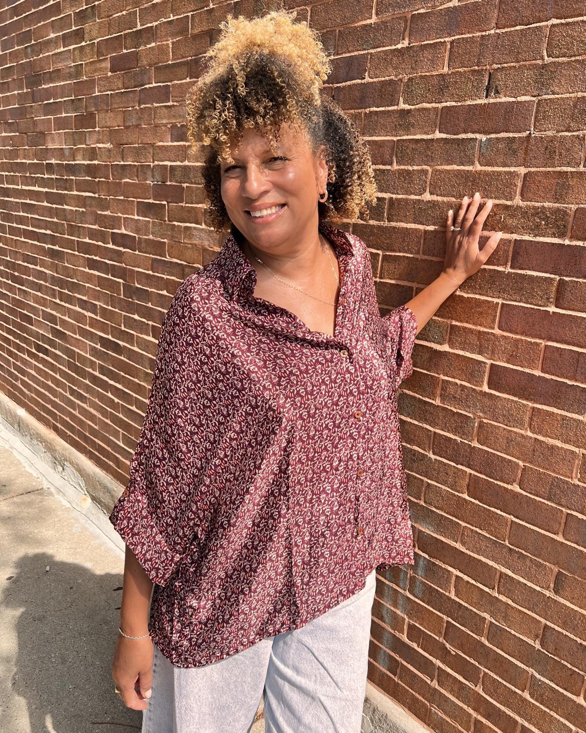 Indie Ella Moorea Silk Button Down Shirt in Allover Burgundy Ditsy Floral