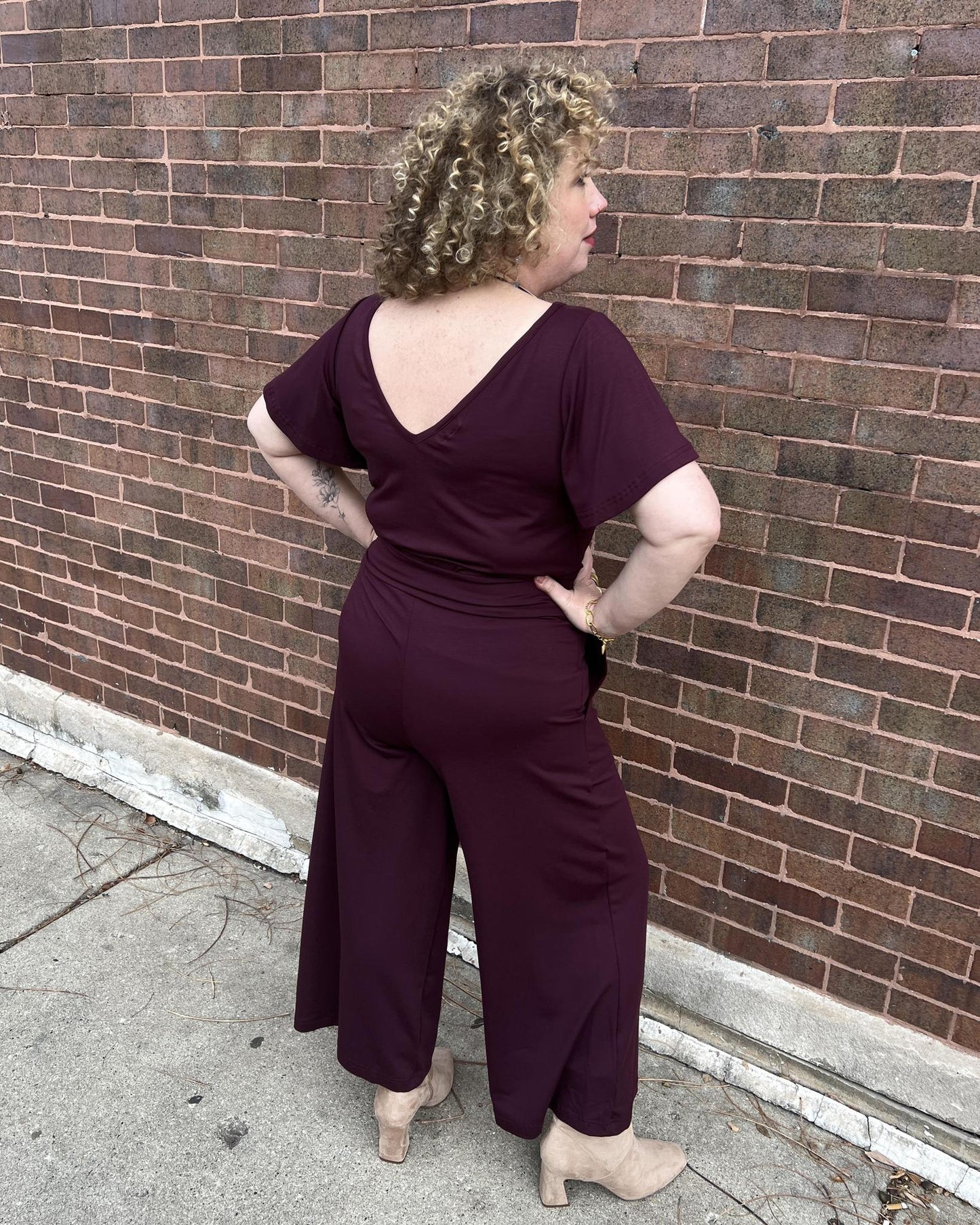 Squasht Jumpsuit with Bell Sleeves in Merlot
