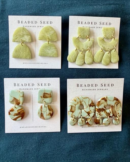 Beaded Seed by Ronea Stud Dangle Earrings in Mint & Brown Marble