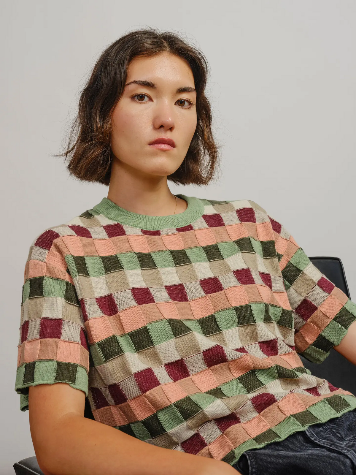 The Endery Sonia Short Sleeve Sweater Tee in Zephyr (Sage/Peach/Cream)
