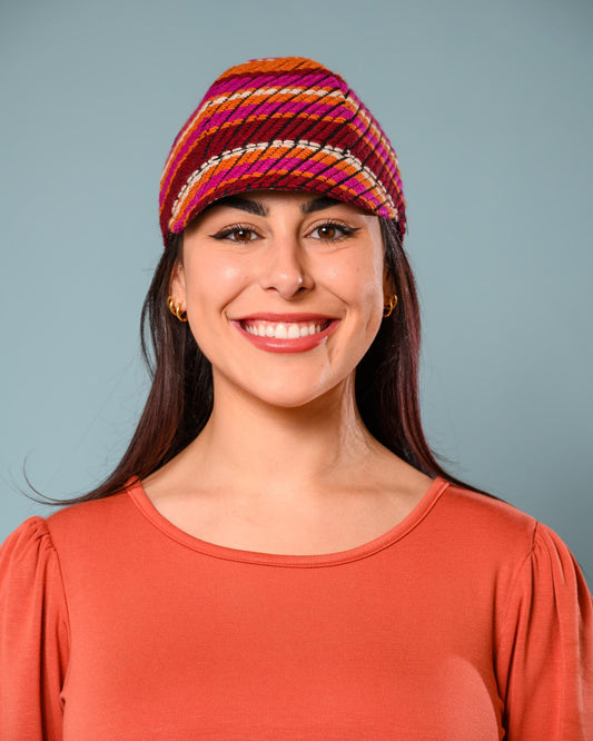 Squasht Reversible Bella Hat in Textured Burgundy & Fuchsia & Orange Stripes