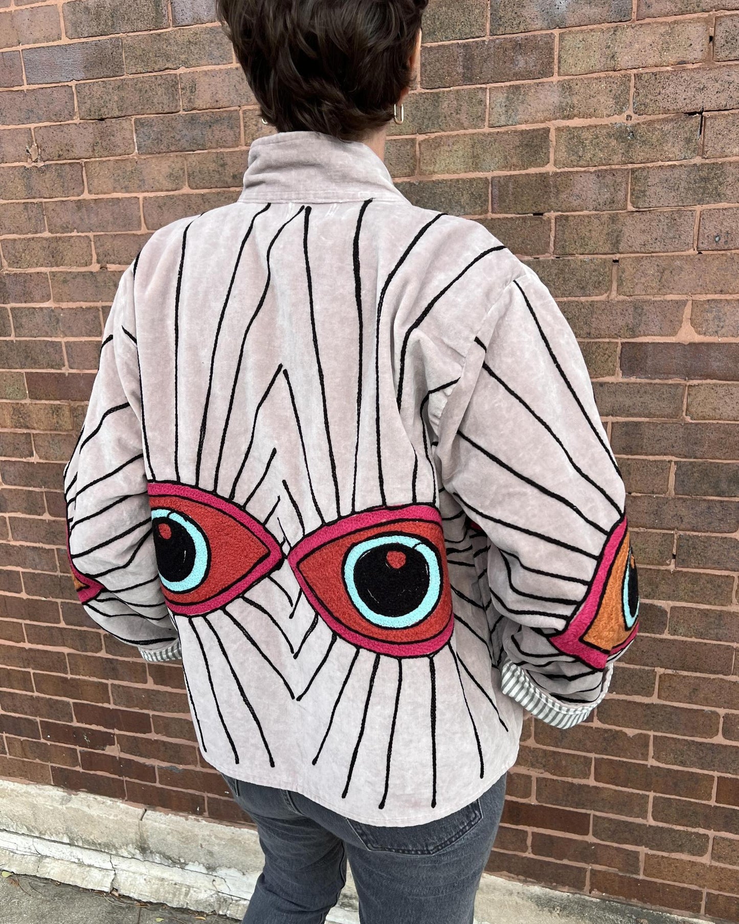 Txtile Velvet Evil Eye Jacket in Light Gray with Bright Eyes