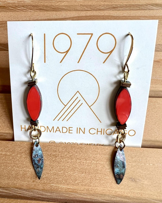 1979 Jewelry Brass Earrings Hot Red Ovals with Verdigris Dangles