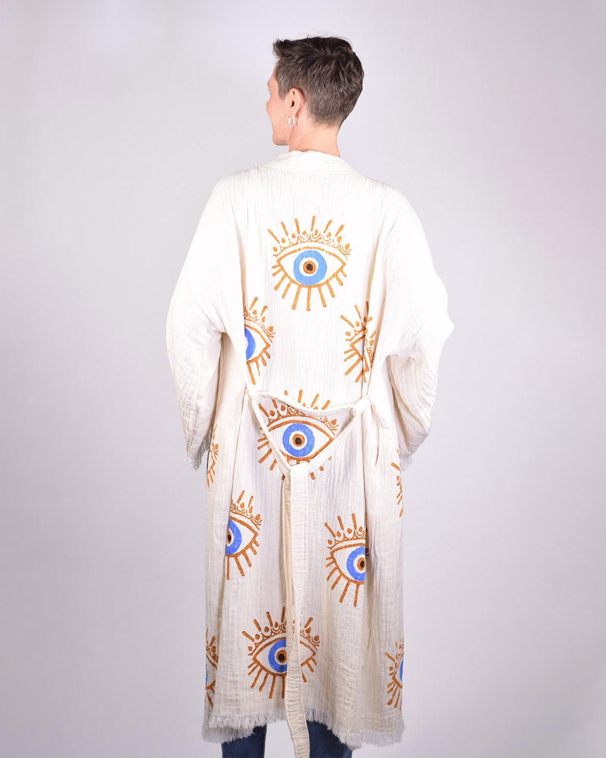 Txtile Luxury Turkish Cotton Evil Eye Kimono/Robe - Cream with Gold Eyes