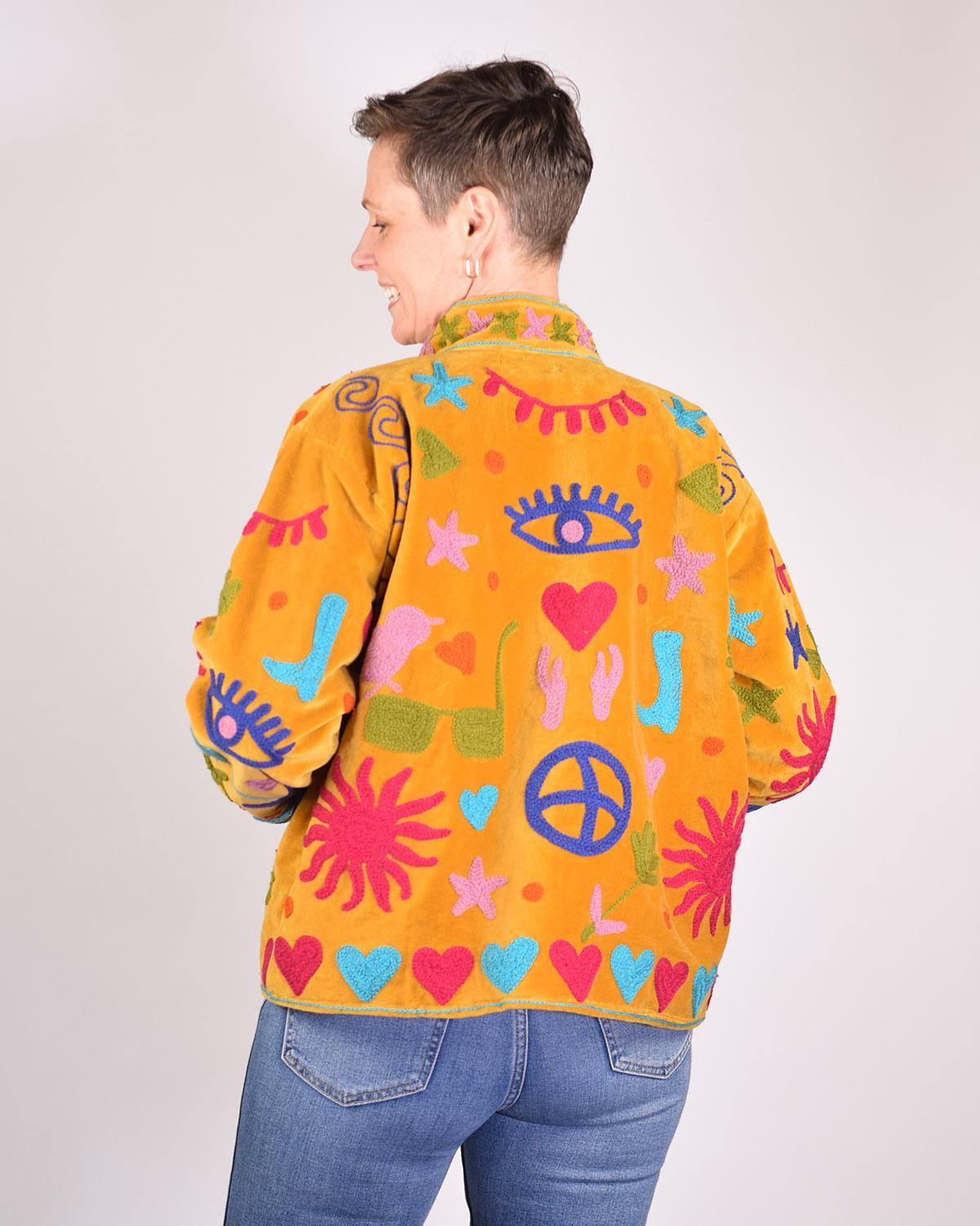 Txtile Gold Velvet Jacket with Embroidered Peace, Evil Eye, Boots, Hearts Motif