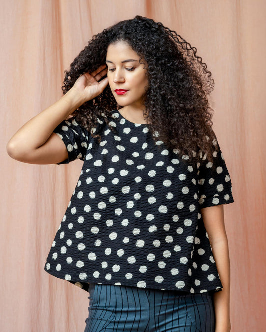 Squasht Puff Sleeve Top in Black with White Dots Cotton Ripple