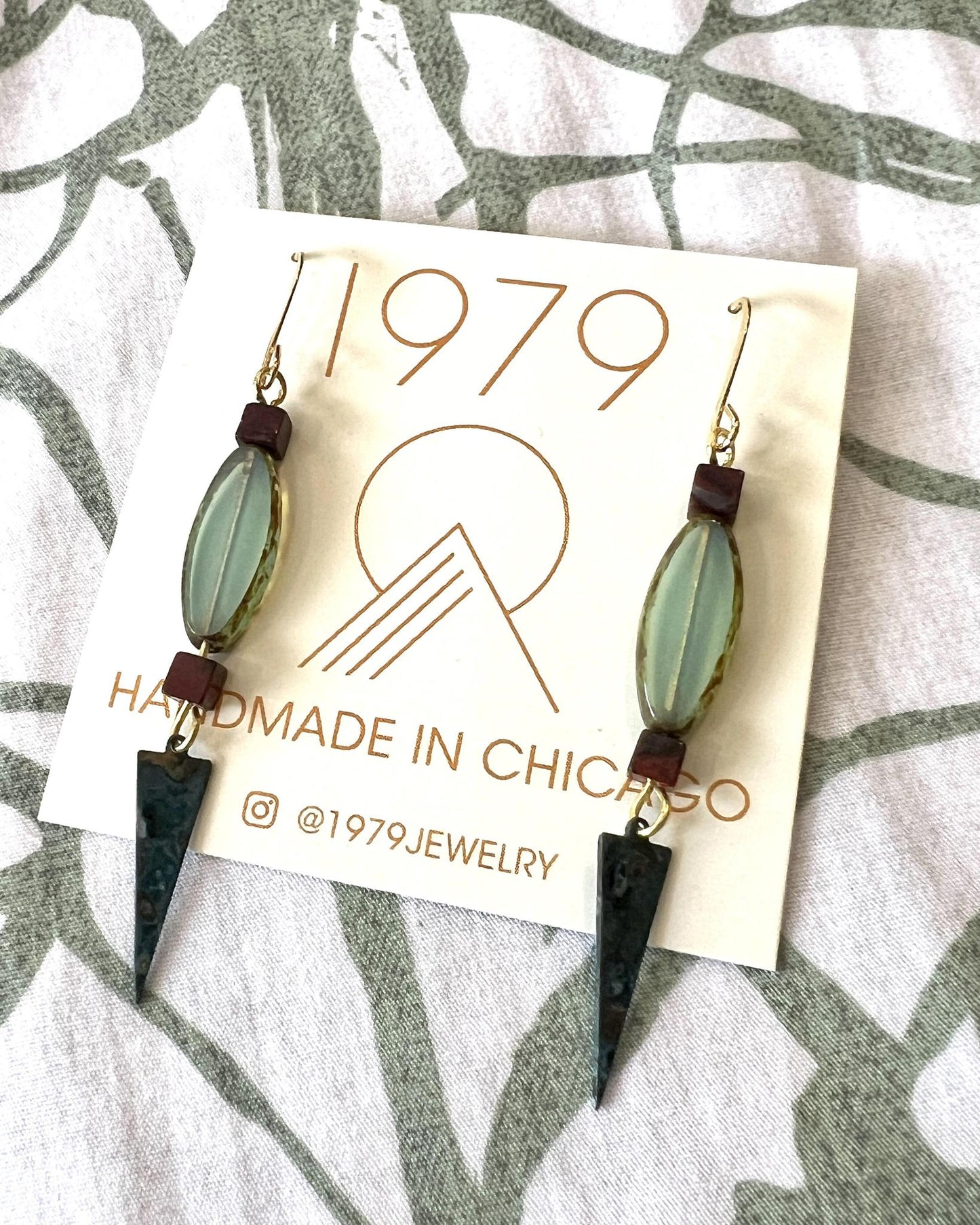 1979 Jewelry Brass Earrings Sea Glass Ovals with Verdigris Spikes
