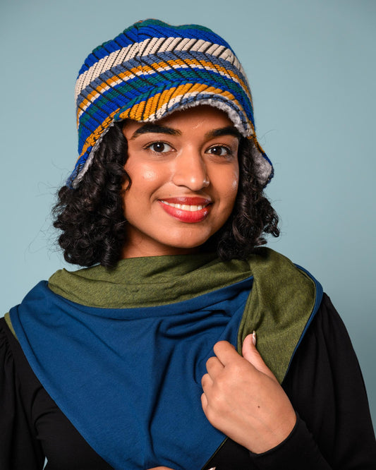 Squasht Darby Earflap Hat in Textured Blue & Gold & White Stripes