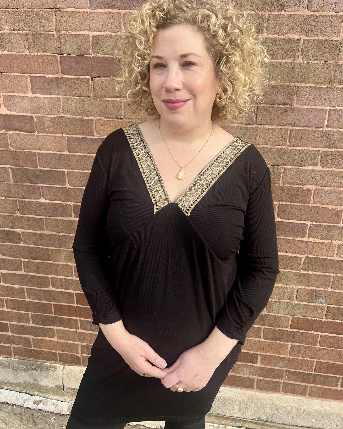 Squasht Drea Draped Dress in Black with Sage & Gold Vintage Trim