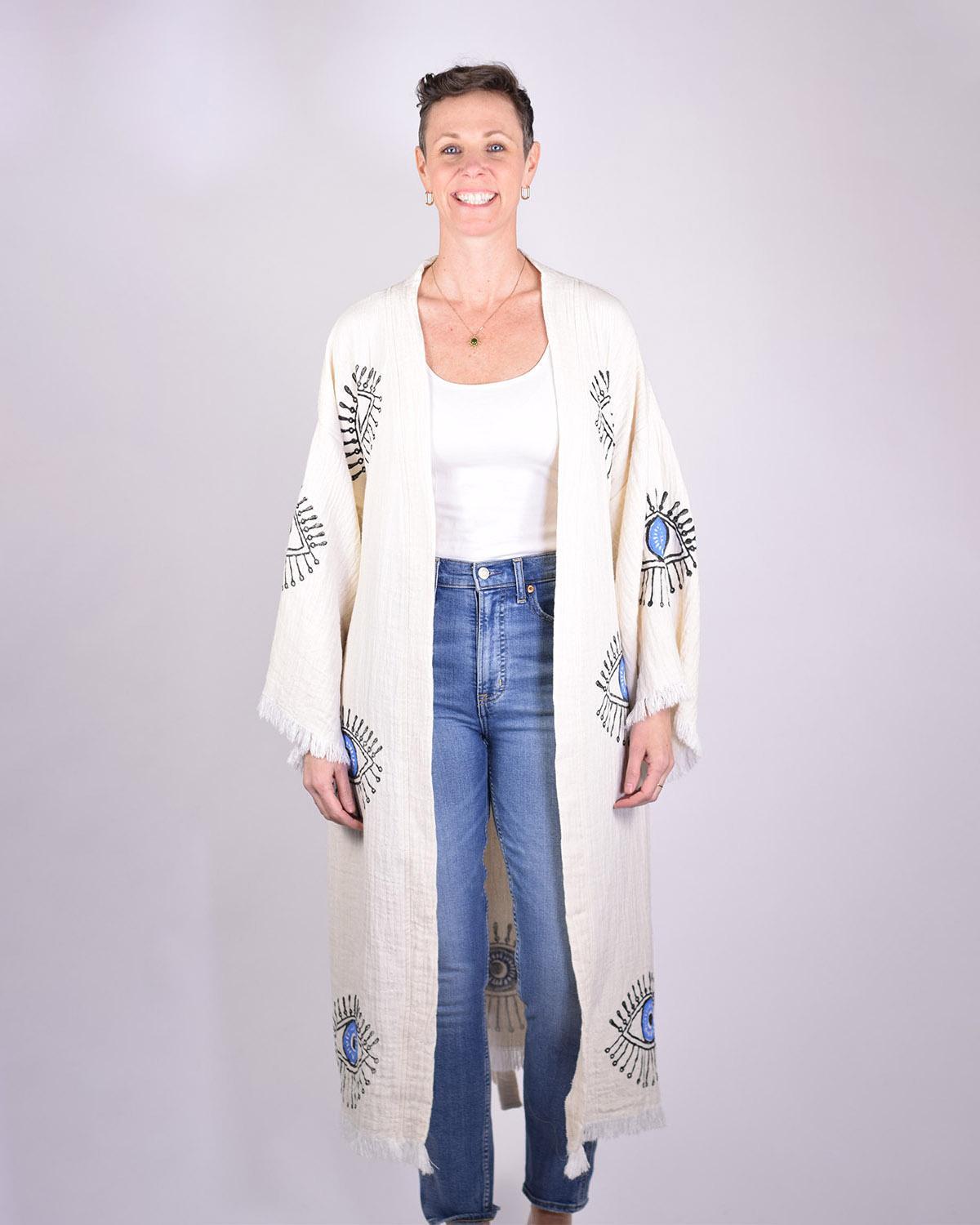 Txtile Luxury Turkish Cotton Evil Eye Kimono/Robe - Cream with Blue Eyes