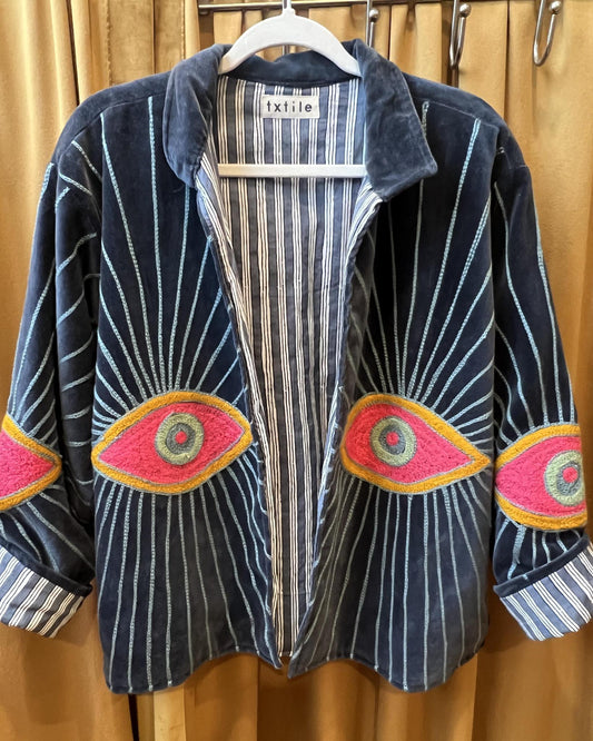 Txtile Velvet Evil Eye Jacket in Deep Blue with Pink Eyes