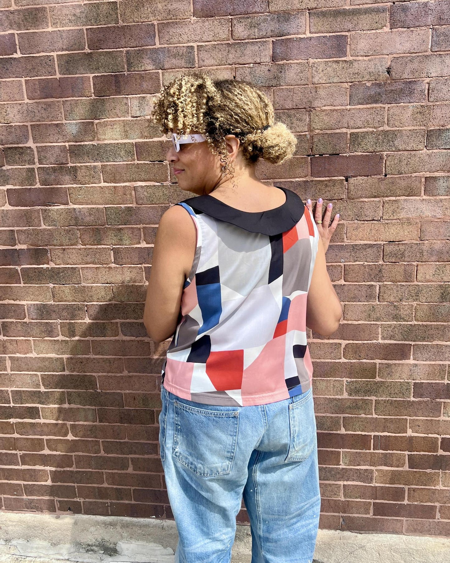 Squasht 70s Collared Tank in Abstract Art Print w/ Black Collar & Bow