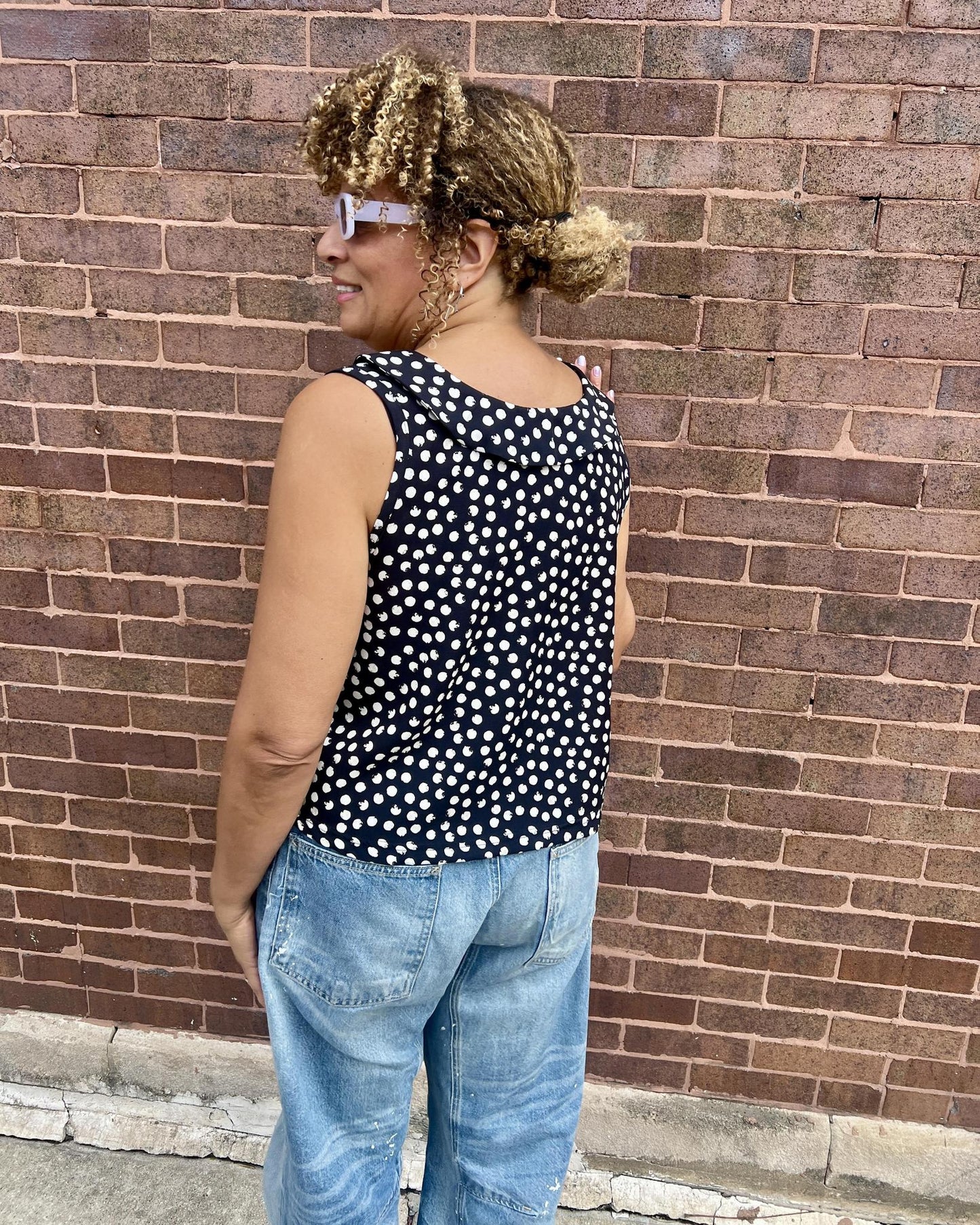 Squasht 70s Collared Tank in Black Polka Dots w/ Polka Dot Collar & Bow
