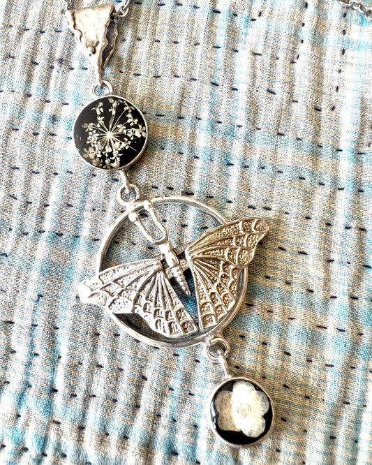 Pajaro Negro Butterfly and Floral Necklace in a Wax Sealed Box