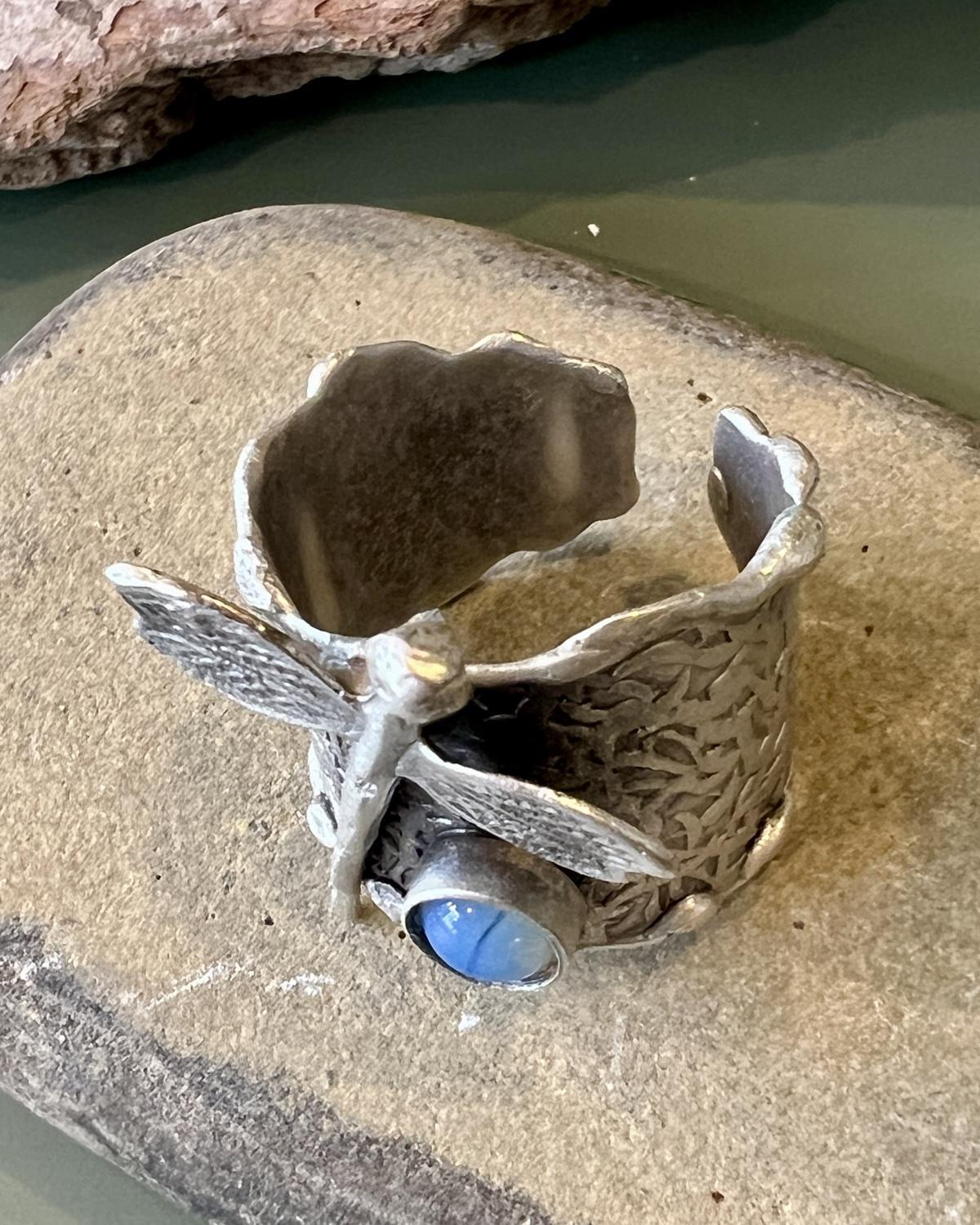 Pajaro Negro Opal and Dragonfly Antiqued Silver Ring