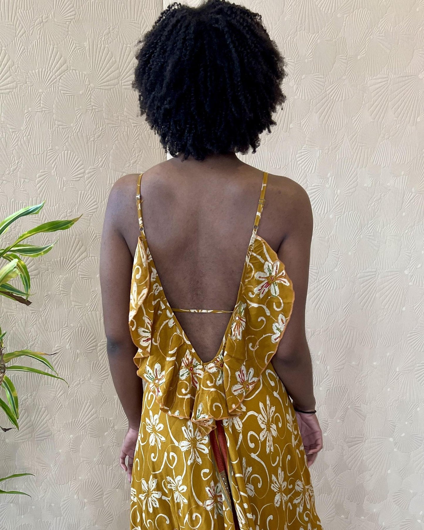 Indie Ella Harlow Strappy Silk Dress in Warm Ochre Floral