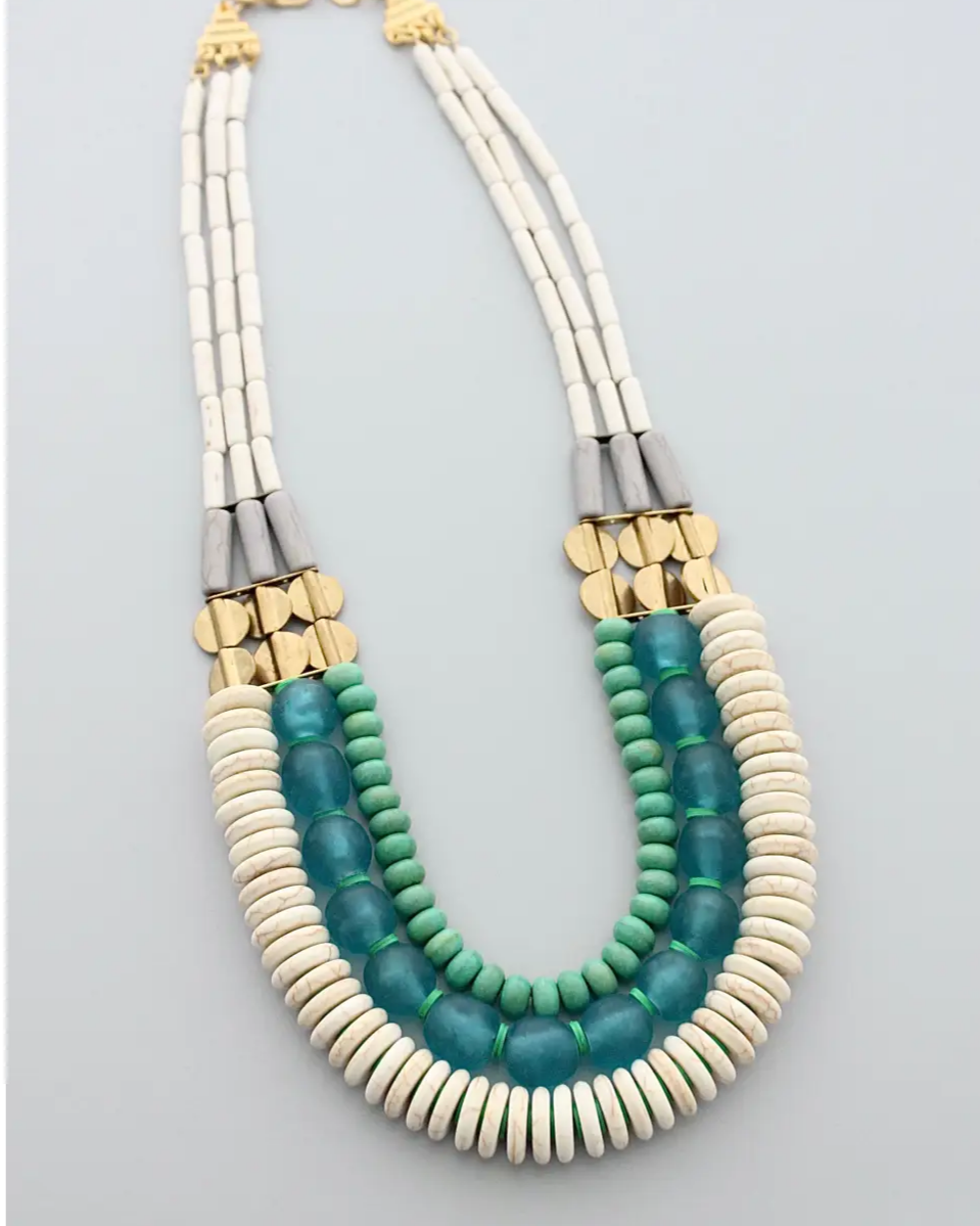 David Aubrey Triple Strand Necklace in White, Aqua, and Turquoise
