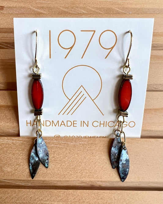 1979 Jewelry Brass Earrings Hot Red Ovals with Verdigris Double Dangles