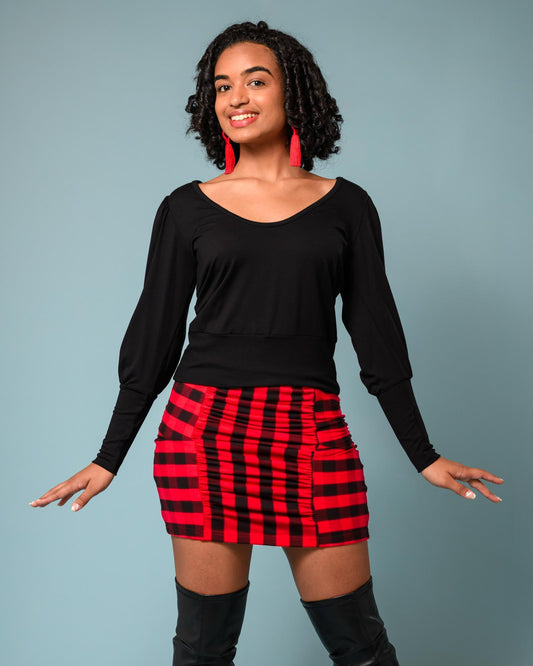 Squasht Ruched Mini Skirt In Red and Black Lumberjack Plaid