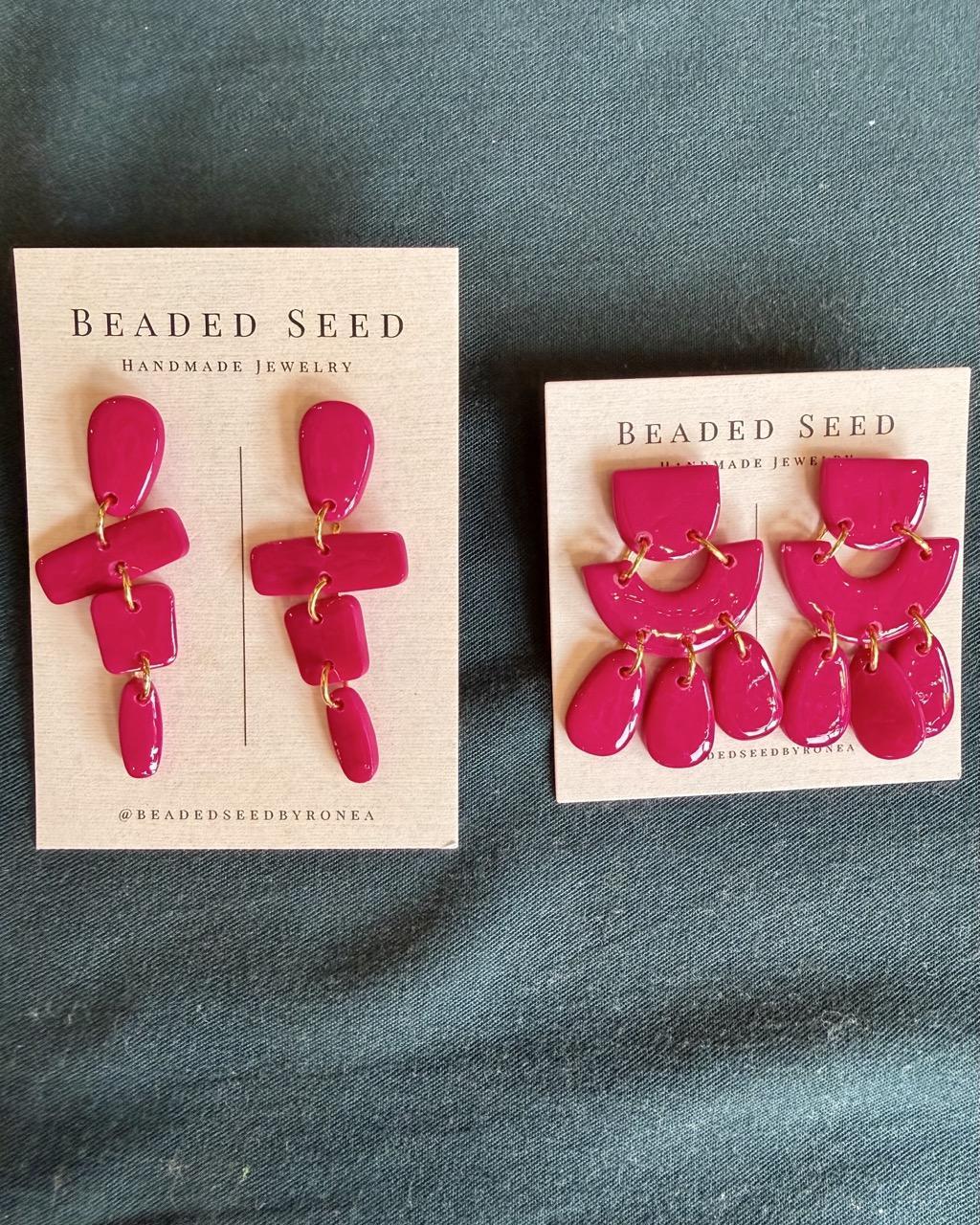 Beaded Seed by Ronea Dangle Stud Earrings in Bright Pink