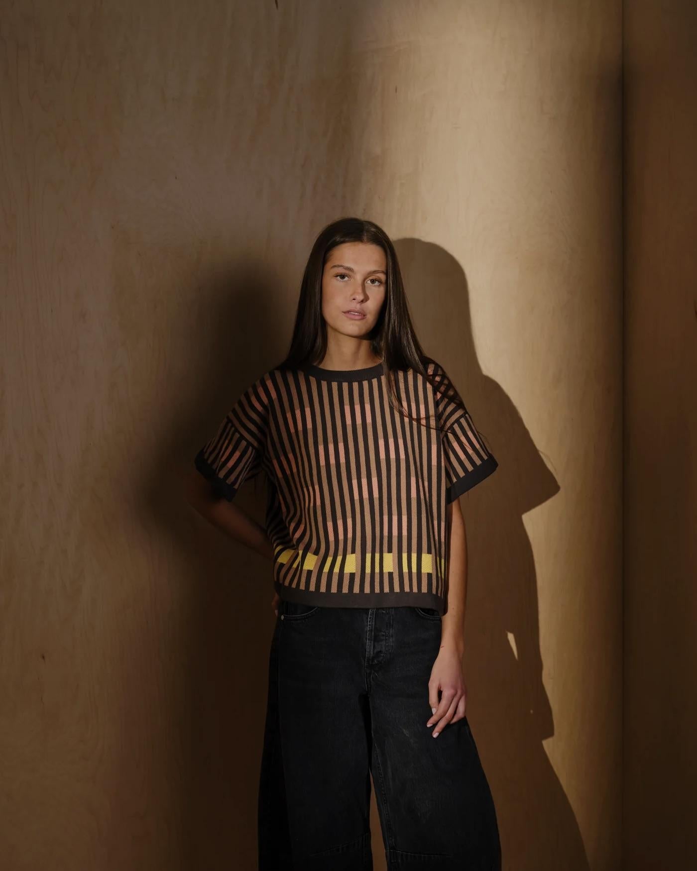 The Endery Bauhaus Short Sleeve Sweater Tee in Oxide (Camel/Gray)