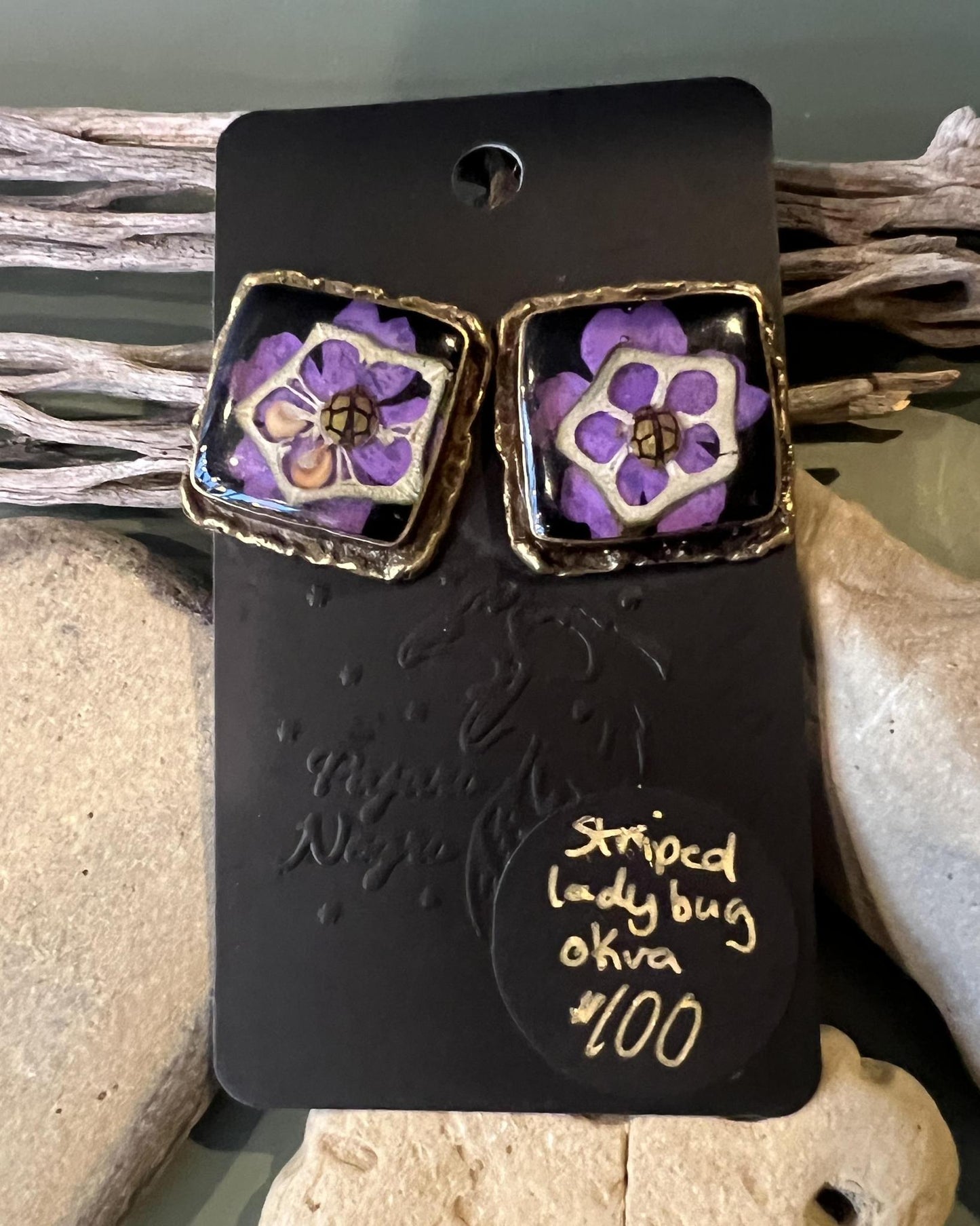 Pajaro Negro Striped Lady Bugs and Okra Earrings