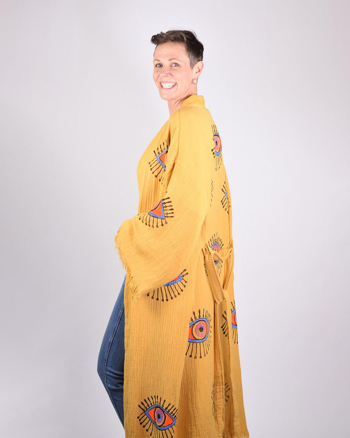Txtile Luxury Turkish Cotton Evil Eye Kimono/Robe - Yellow Ochre