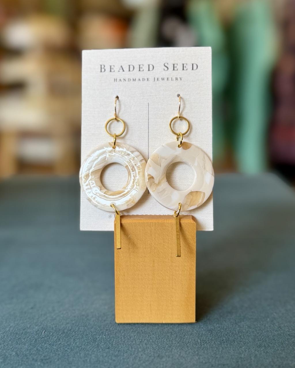 Beaded Seed by Ronea Dangle Earrings in Marbled White