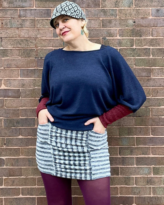 Squasht Ruched Mini Skirt In Cozy Grey & Navy Stripe Sweater Knit