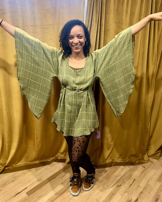 Indie Ella Silk Catalina Butterfly Sleeve Circle Cut Silk Tunic Dress in Subtle Sage