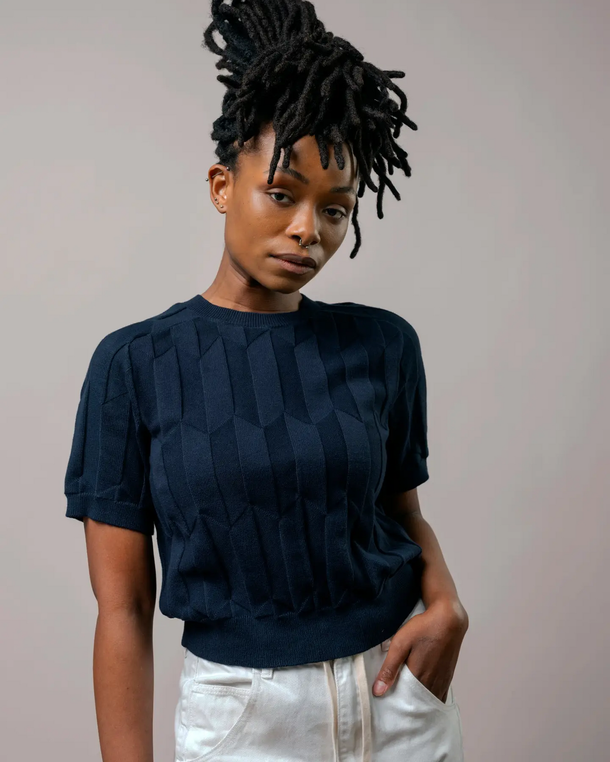 The Endery Chevron Ruben Short Sleeve Sweater Tee in Lobelia (Sapphire Blue)
