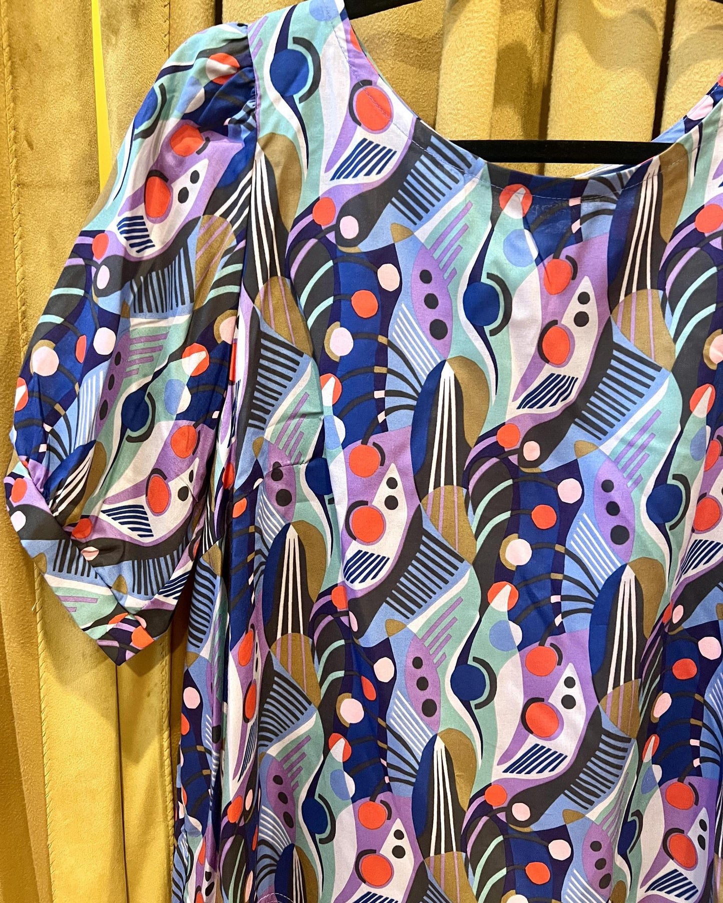 Squasht Puff Sleeve Top in Violet Geo Print - SALE - Size XS, Large
