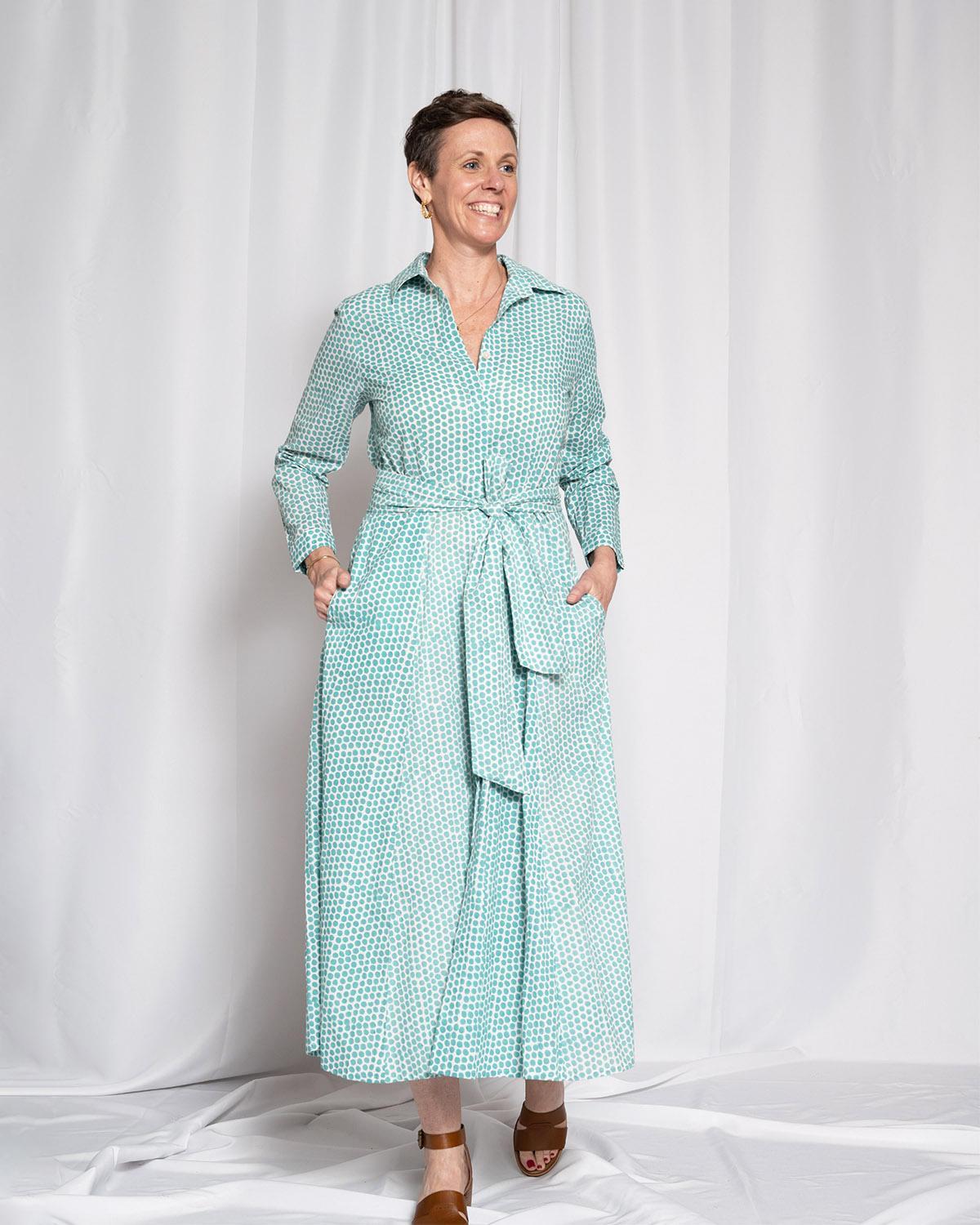 Txtile Elena Button Down Long Sleeve Shirt Dress - Teal Dots