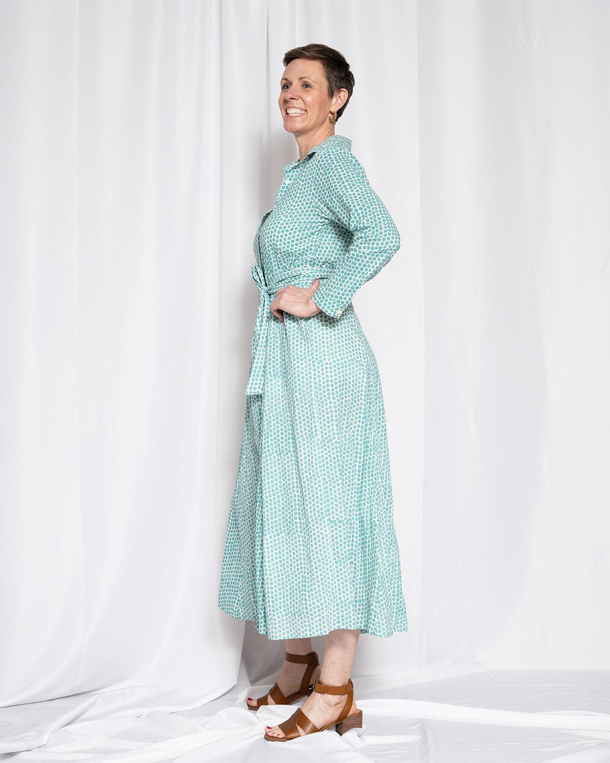 Txtile Elena Button Down Long Sleeve Shirt Dress - Teal Dots
